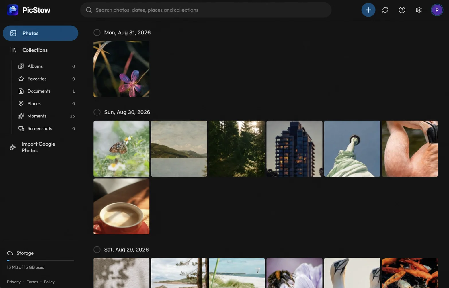 PicStow gallery showing a unified photo timeline and smart collections